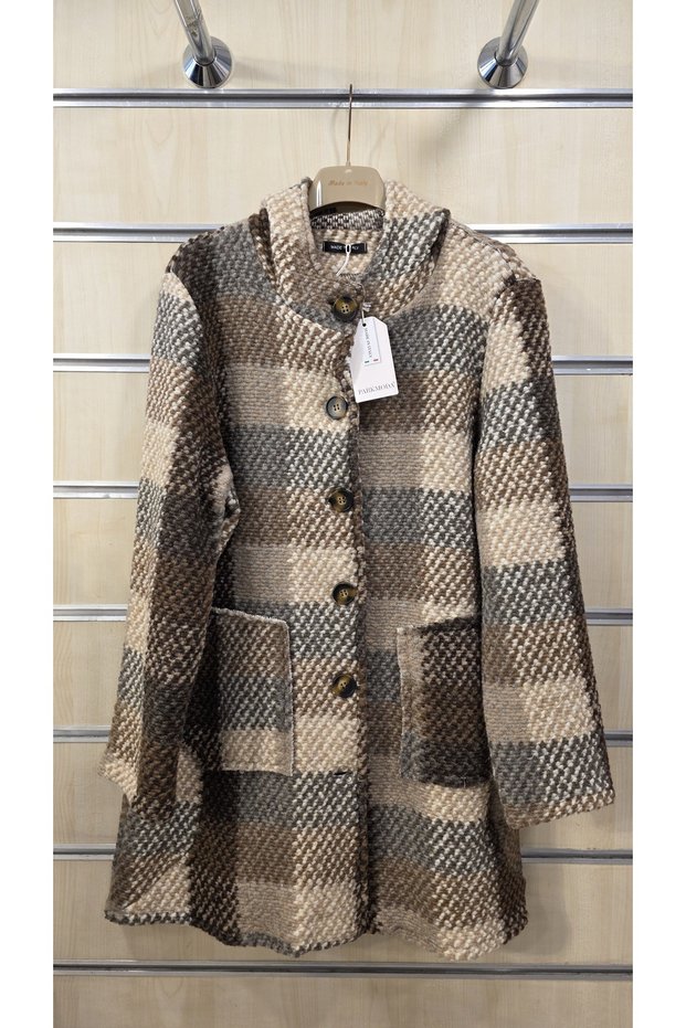 Italian Woolen Coat with Plaid Pattern and Buttons
