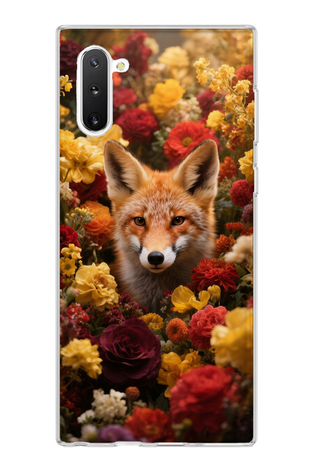 Samsung Galaxy Note 10 Compatible Fox and Flowers Printed Transparent Phone Case