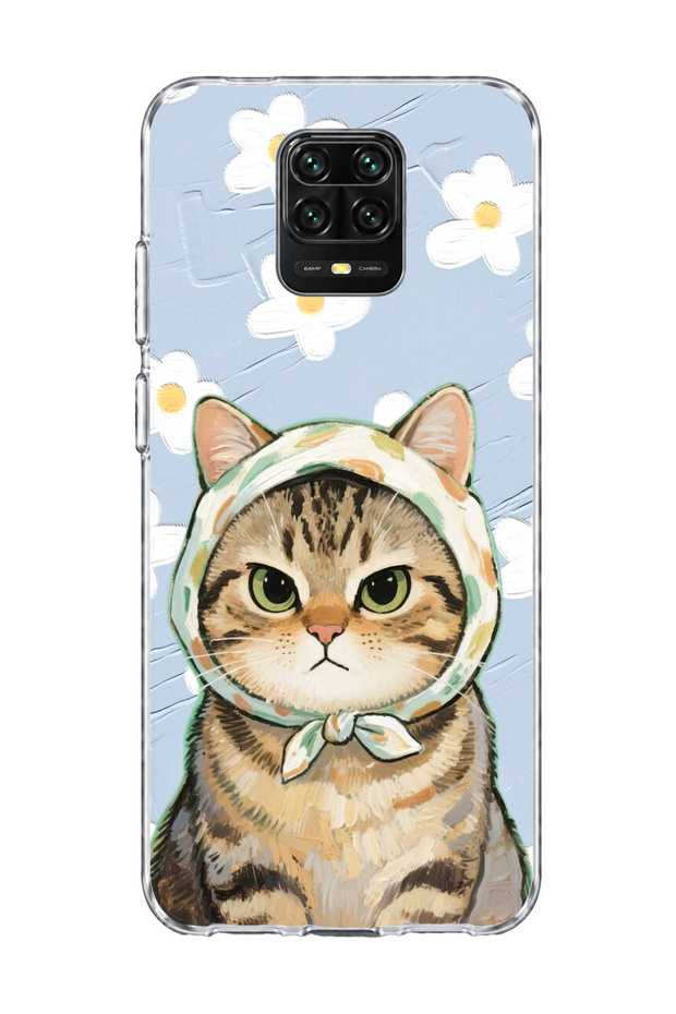 Redmi Note 9 Pro Compatible Scarf Cat Daisy Printed Transparent Phone Case