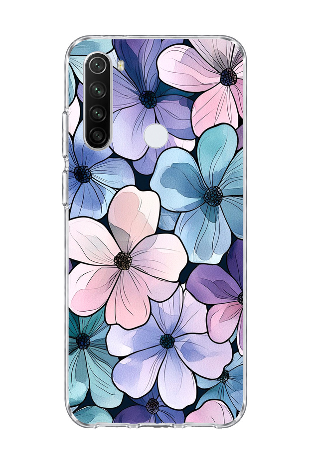 Redmi Note 8 Compatible Purple Blue Flower Printed Transparent Phone Case