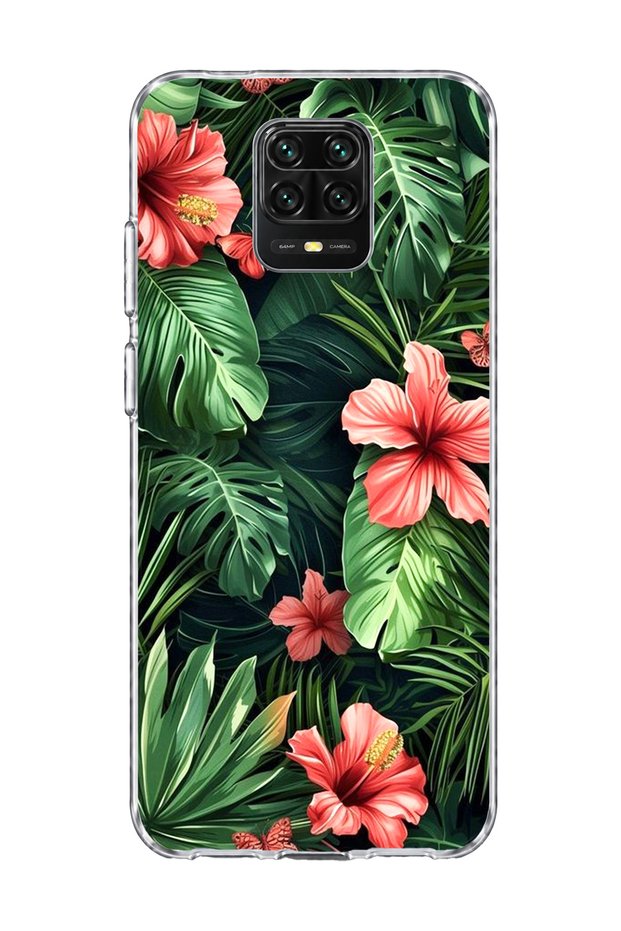 Redmi Note 9 Pro Compatible Red Flower Tropical Leaf Printed Transparent Phone Case
