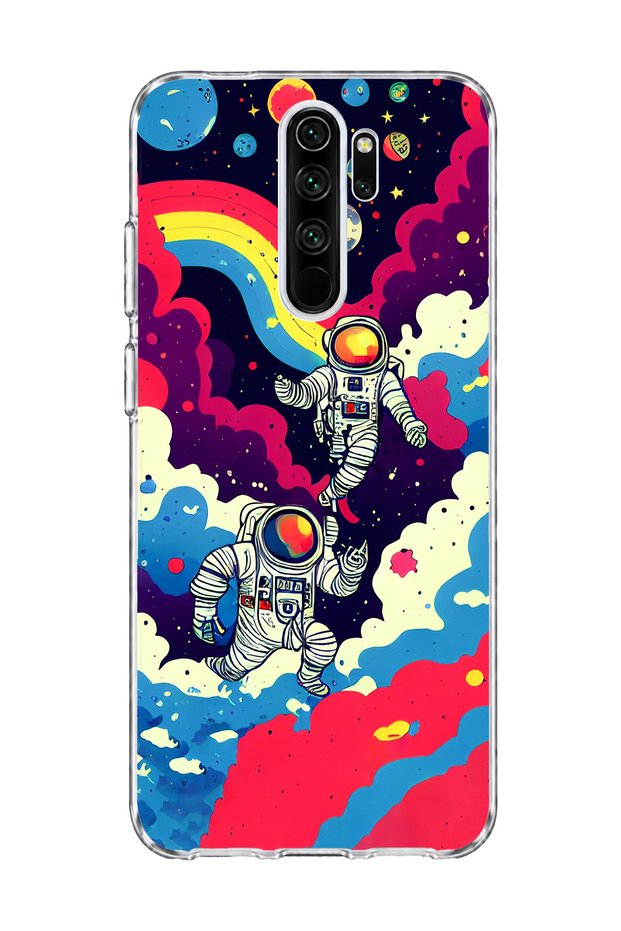 Redmi Note 8 Pro Compatible Astronaut and Rainbow Printed Transparent Phone Case