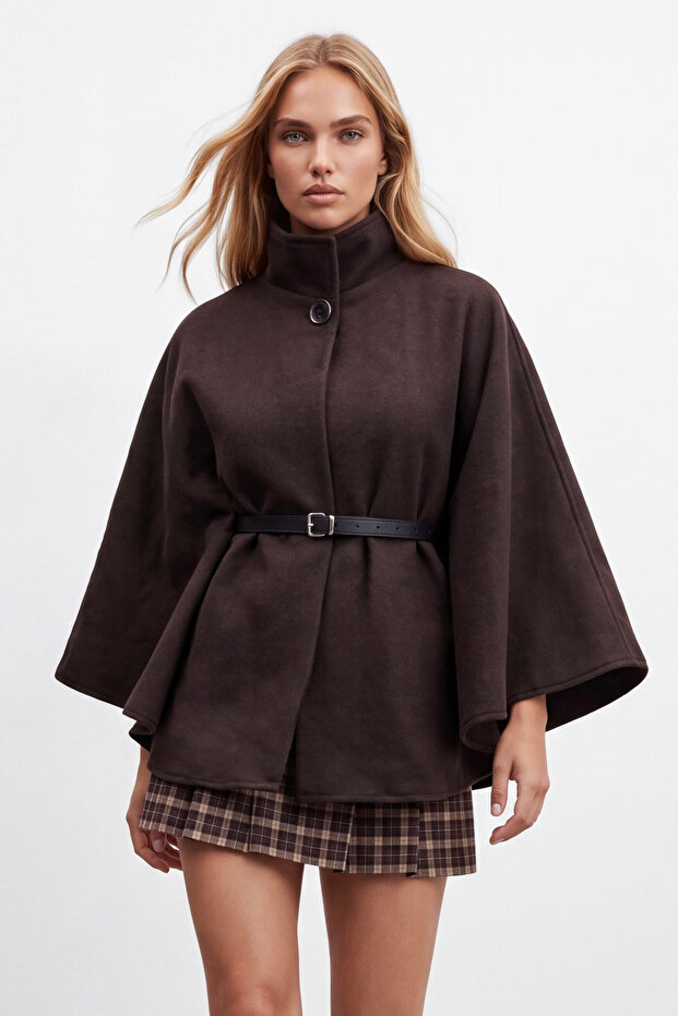 Women's aci coffee belt detail stamp cape coat alc-x14529