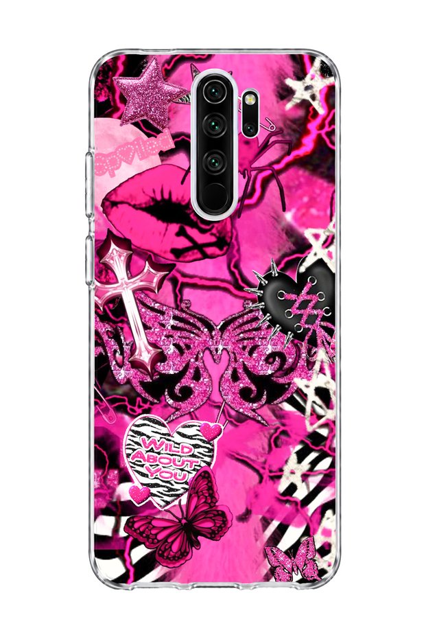 Redmi Note 8 Pro Compatible Pink Butterfly Star Printed Transparent Phone Case