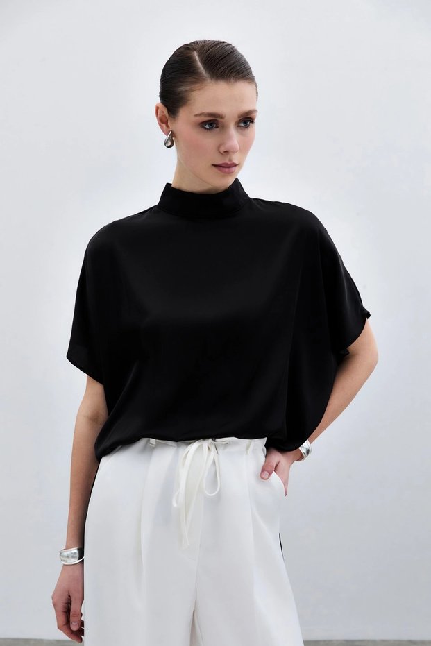 Women's Black High Neck Bat Sleeve Short Sleeve Flowy Loose Satin Fabric Blouse