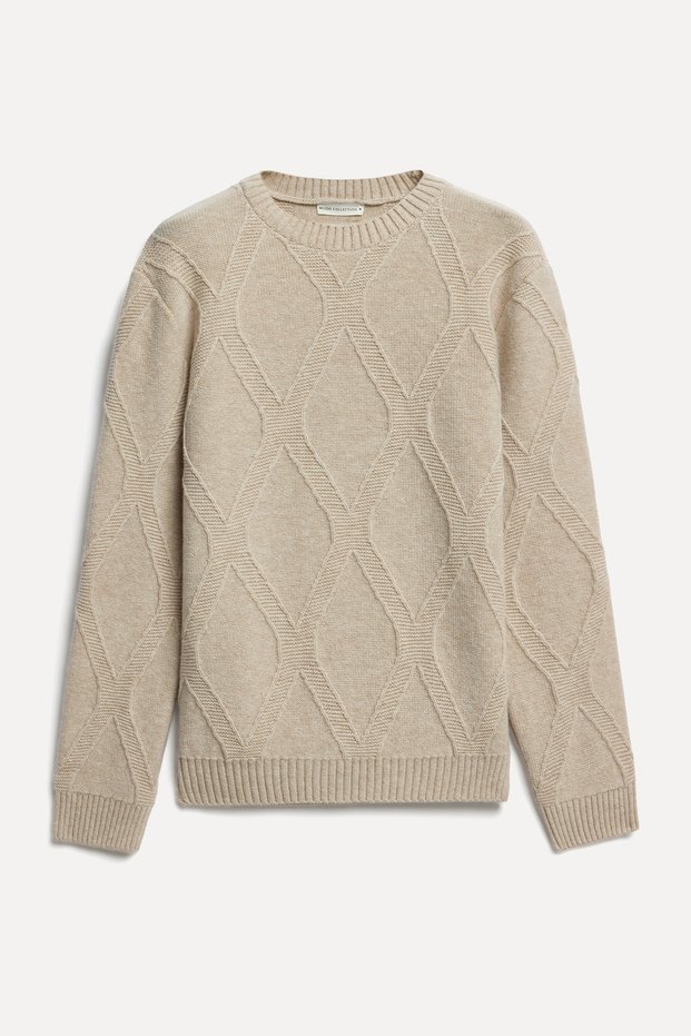 Men's Ecru Jacquard Crew Neck Wool Sweater