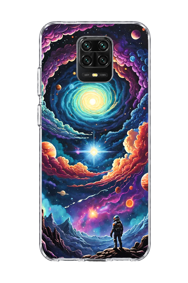 Redmi Note 9 Pro Compatible Galaxy Swirl Astronaut Printed Transparent Phone Case