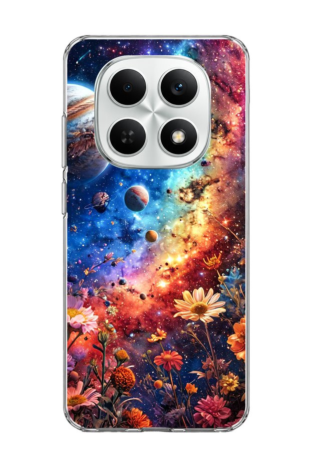 Redmi Note 15 4g Compatible Galaxy and Flowers Printed Transparent Phone Case