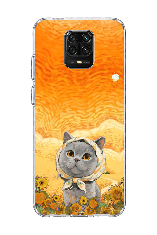Redmi Note 9 Pro Compatible Transparent Phone Case with Gray Cat and Sunflower Print and Scarf