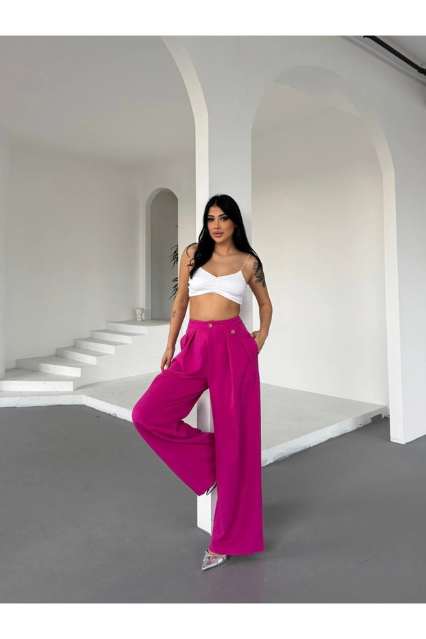 High Waist Wide Leg Flowy Fabric Trousers-Pink - Pink