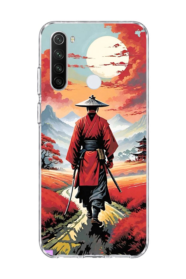 Redmi Note 8 Compatible Red Kimono Samurai Printed Transparent Phone Case