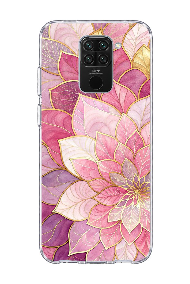 Redmi Note 9 Compatible Pink Gold Water Lily Printed Transparent Phone Case