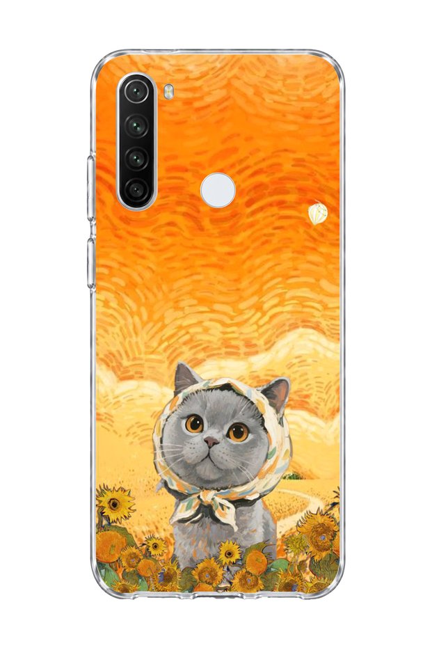 Redmi Note 8 Compatible Gray Cat Sunflower Printed Transparent Phone Case with Scarf