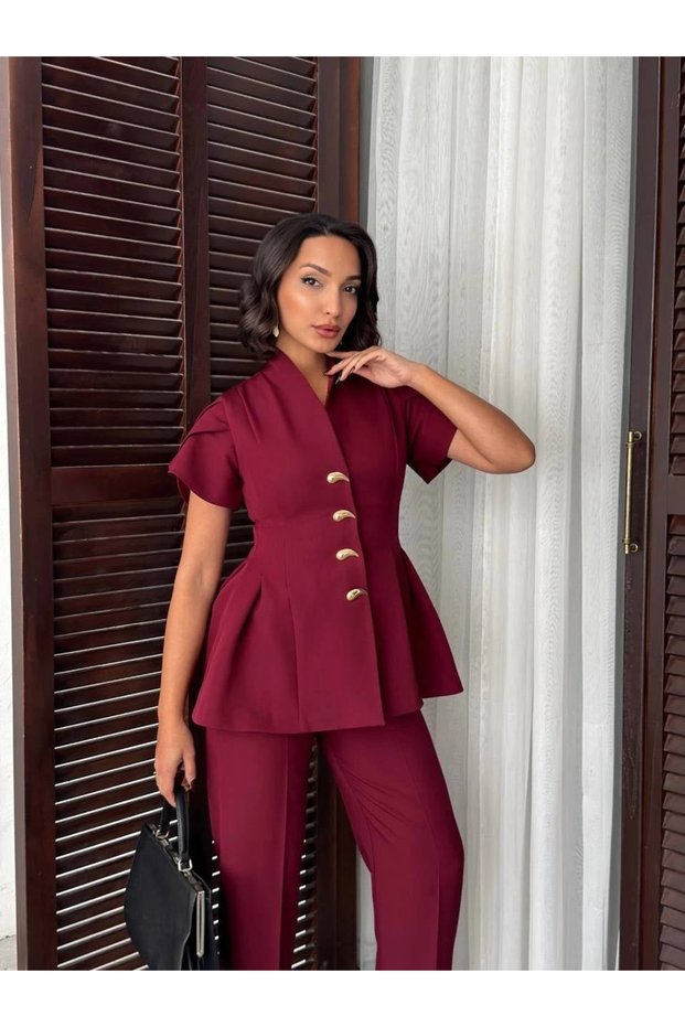 Women's Burgundy Gold Buttoned Short Sleeve Peplum Jacket and Fabric Trousers Bottom Top Set