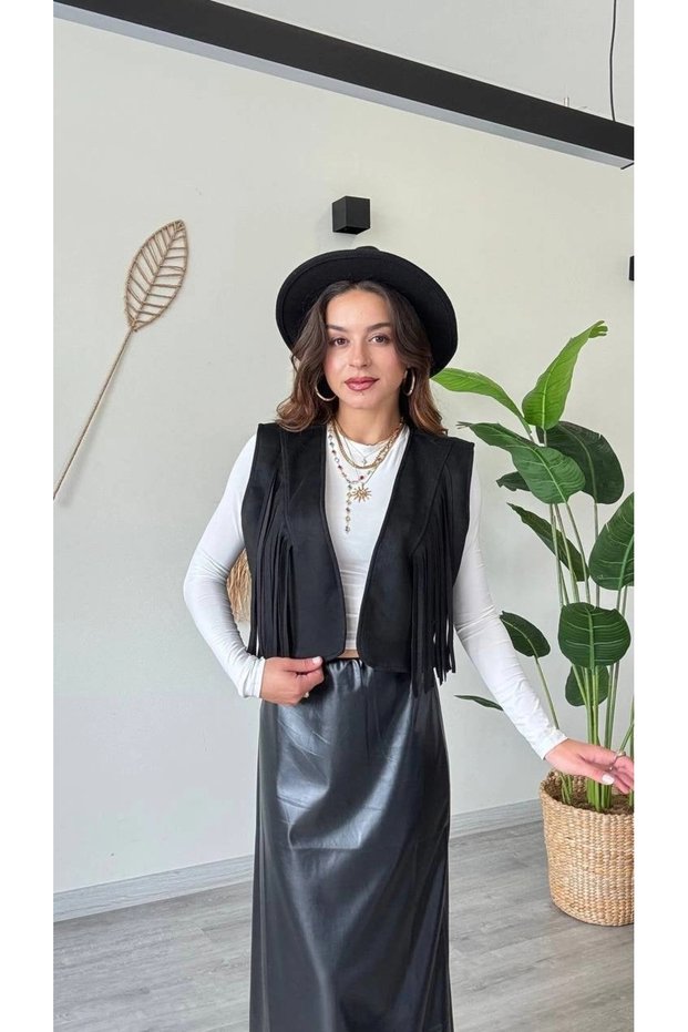Women's Black Tasseled V-Neck Open Front Vest