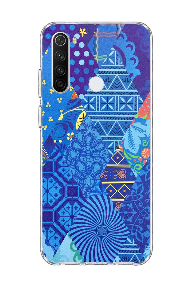 Redmi Note 8 Compatible Blue Patchwork Printed Transparent Phone Case