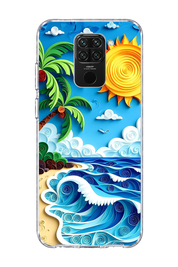 حافظة هاتف شفافة متوافقة مع Redmi Note 9 مطبوعة بتصميم Palmiye Sun Wave