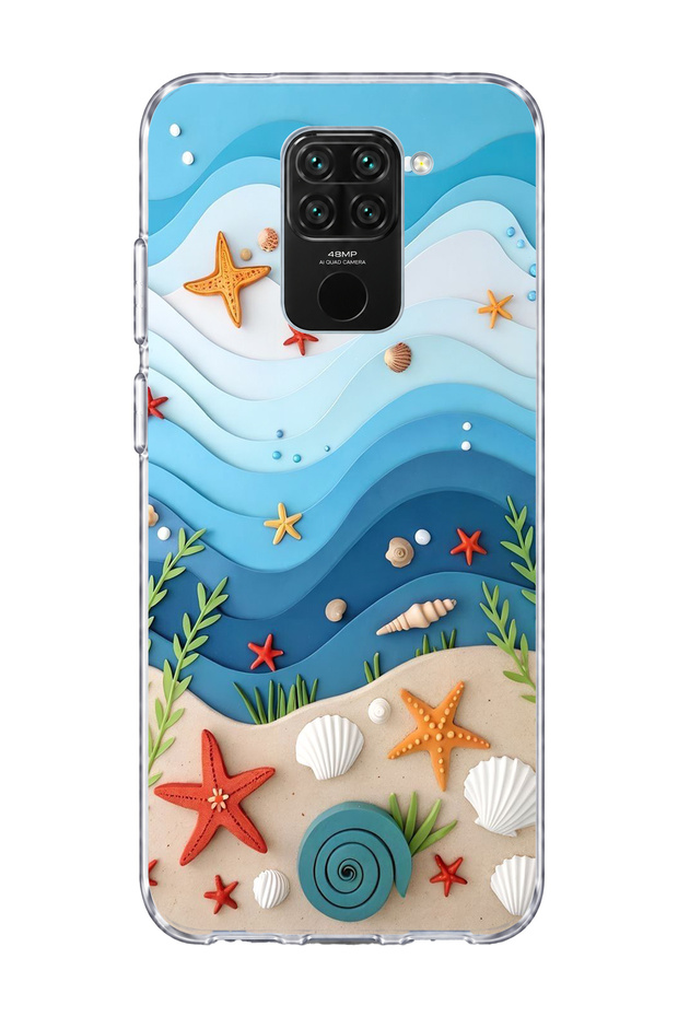 Redmi Note 9 Compatible Blue Wave Starfish Printed Transparent Phone Case