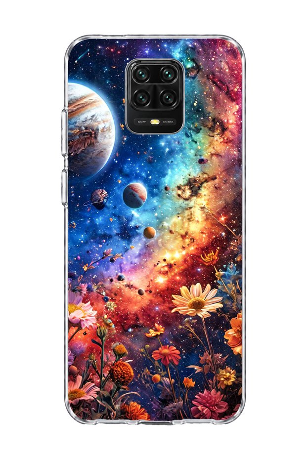 Redmi Note 9 Pro Compatible Galaxy and Flowers Printed Transparent Phone Case