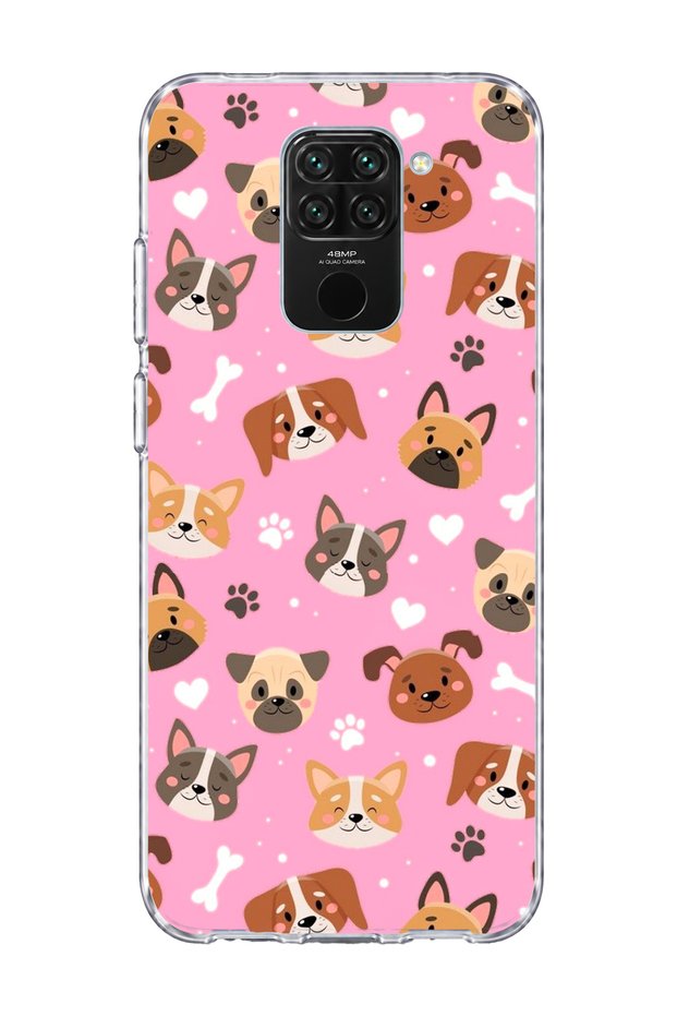 Redmi Note 9 Compatible Dog Faces Pink Printed Transparent Phone Case