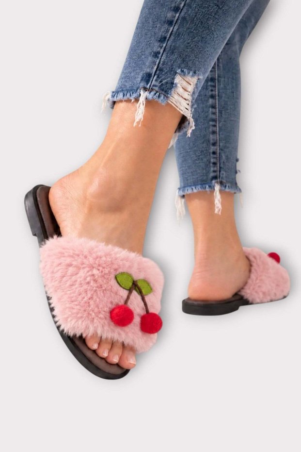 Women's Plush Cherry House Slippers Pudra