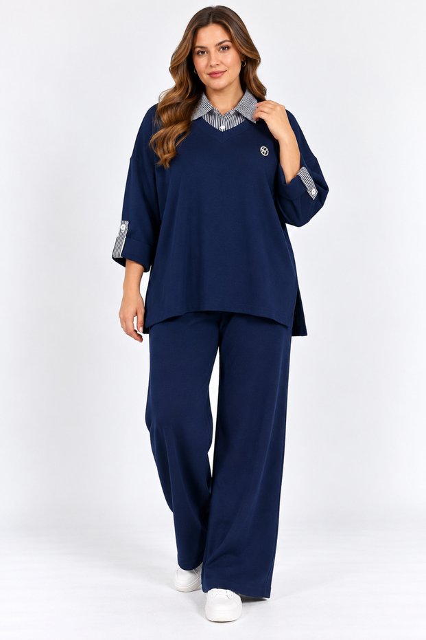 Plus size shirt collar knitwear suit navy blue