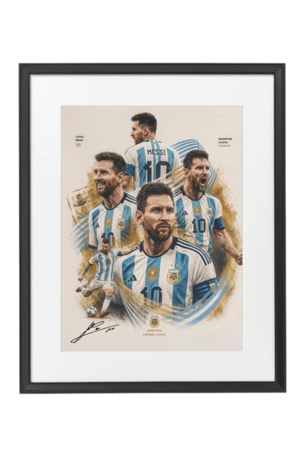 Lionel Messi Argentina Printed Autograph Framed Poster 50x40cm - Football Memorabilia, Soccer Collectible, Gift for Fans , Man Cave
