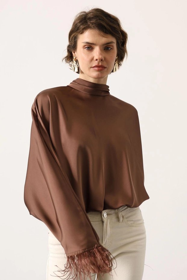 Women's Brown High Neck Long Sleeve Flowy Bat Sleeve Satin Blouse with Feathered Cuff
