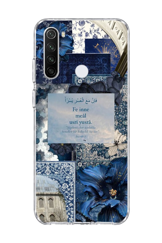 Redmi Note 8 Compatible Navy Blue Flower Verse Printed Transparent Phone Case