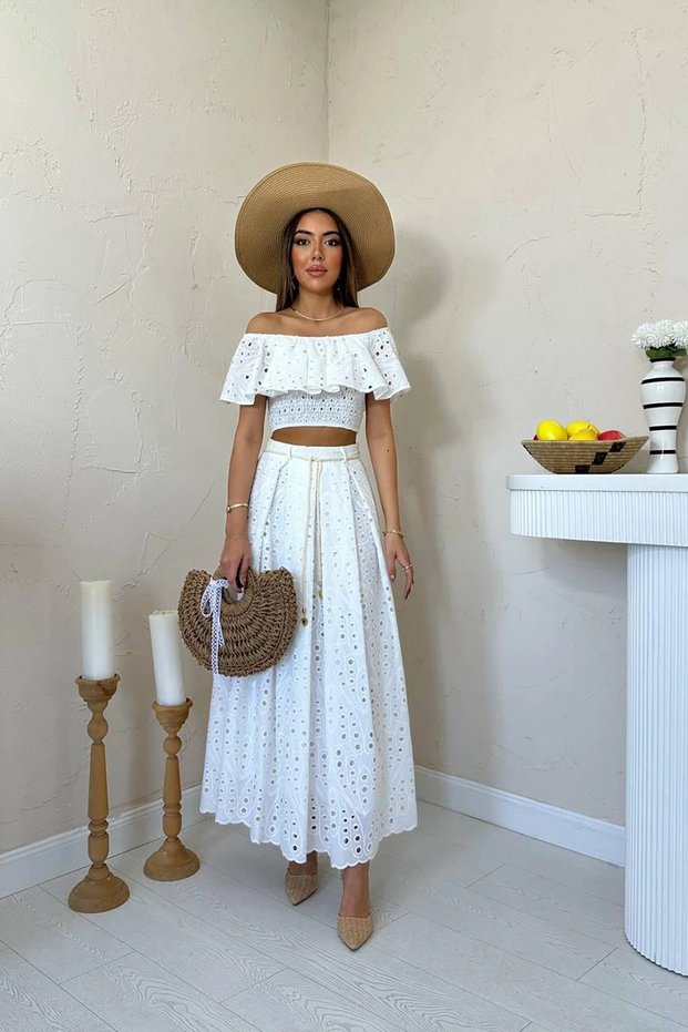 Women's White Scallop Brode Carmen Collar Flounce Crop Blouse and High Waist Maxi Skirt Set