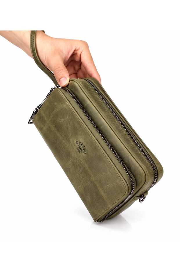 Men's Genuine Leather Khaki Color Multi-Compartment Portfolio Bag with Belt and Shoulder Strap Handbag