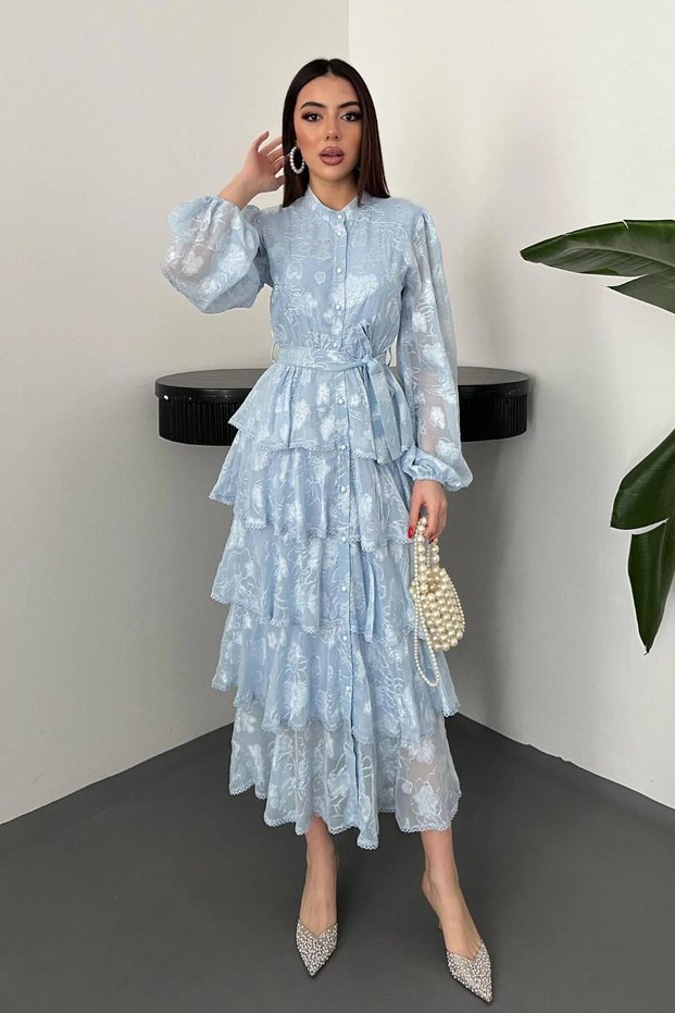 Women's Blue Judge Collar Front Buttoned Belted Layered Ruffle Long Sleeve Patterned Jacquard Midi Dress