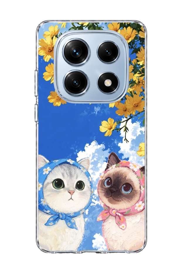 Redmi Note 14 Pro 4g Compatible Scarf-Cats Yellow Floral Printed Transparent Phone Case