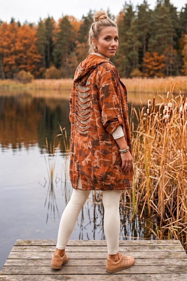 Italian Brick Color Hooded Camouflage Open-Back Sequined Oversize Woven Jacket 92 75