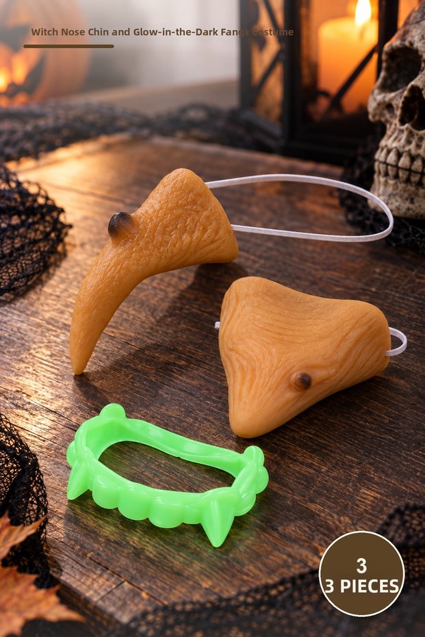 3 Pieces Witch Nose, Chin, and Highlighter Fake Teeth Set – Costume Accessory, Fake Nose and Chin with Tape, Highlighter Teeth, Witch Nose Fake Teeth Costume