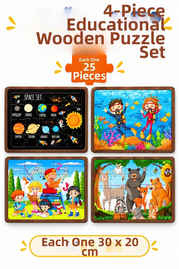 Educational Learning Wooden Puzzle Set of 4 for Kids – 25 Piece Colorful Wooden Jigsaw Toy