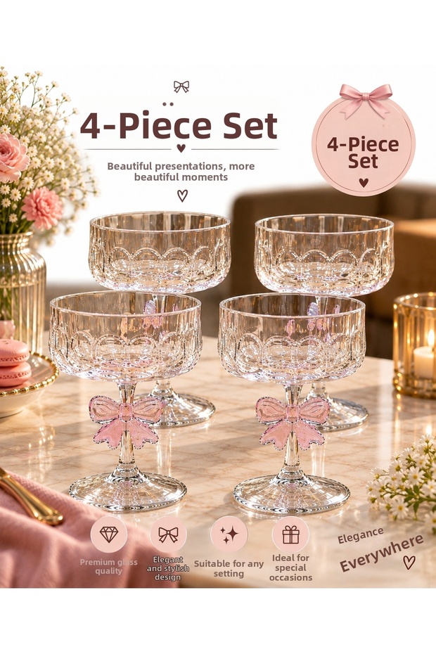 4 Pieces of Glass Serving Bowls with Bowknot Feet, Pink Detailed Dessert Bowl, Ice Cream Bowl and Serving Bowl - 17 cm