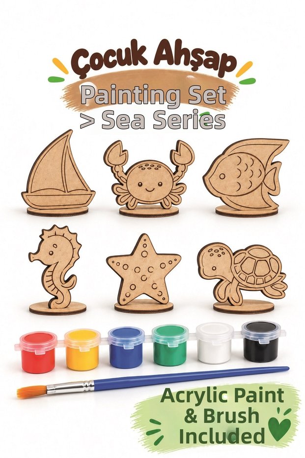 6-Piece Wooden Painting Figures Marine Series Educational Hobby Set with Acrylic Paints and Brush Gift