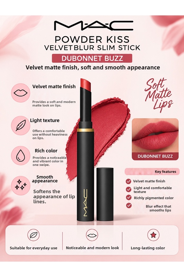 Powder Kiss Dubonnet Buzz 2 g – Silky Textured and Soft Matte Finish Lipstick