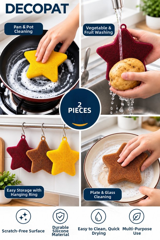 2 Pieces Star-Shaped Silicone Cleaning Sponge – Multi-Purpose Cleaning for Dishes, Pans, Plates, Vegetables, and Fruits