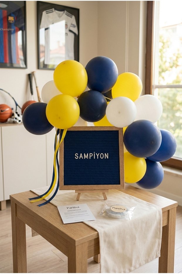 Yellow Navy Blue Fan Decoration Mini Set Dark Blue Felt Writing Board Stand Balloon Chain Fan Birthday Set