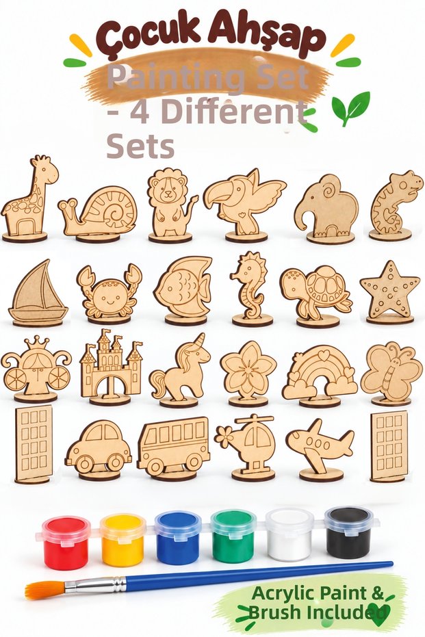 24-Piece Wooden Painting Figures Sea Animals Princess and City Set with Acrylic Paints and Brush Gift Set