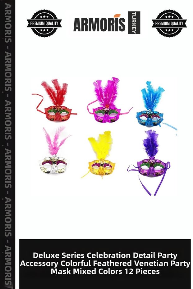 Delux Series Celebration Detail Prom Accessory Colorful Feathered Venetian Party Mask Mixed Color 12 Pcs