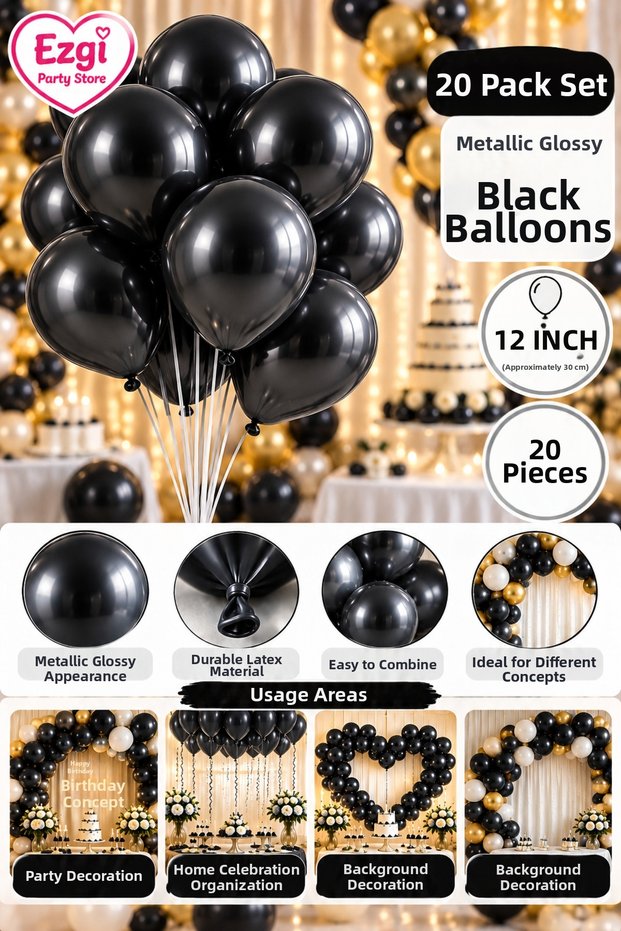 Set of 20 Metallic Shiny Black Balloons 12 Inch Birthday Balloon Party Supplies Birthday Ornament Party Concept Celebration Decorations
