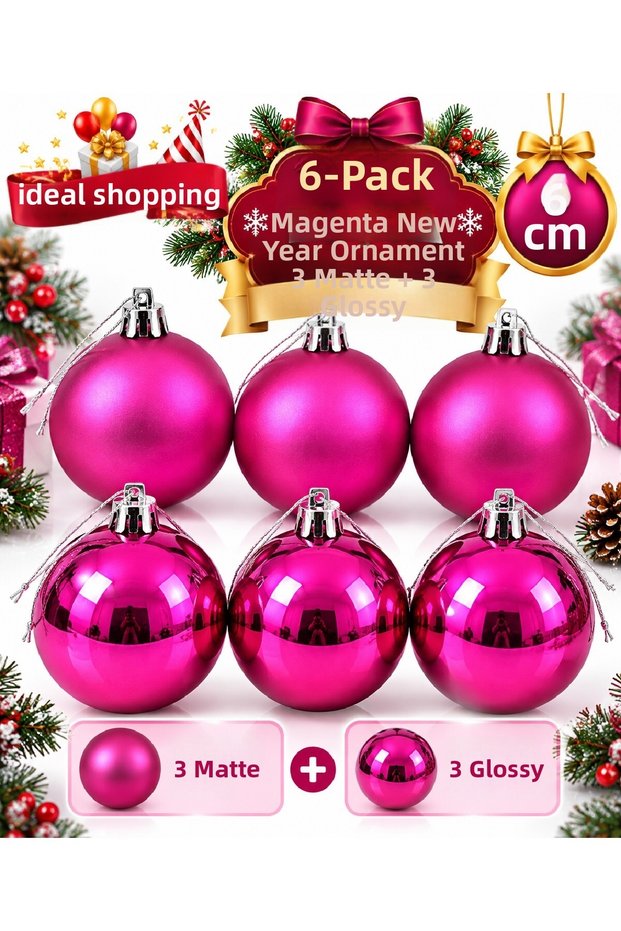 Set of 6 Khaki, Purple, Gold, Navy Blue, Blue, Fuchsia, Burgundy and Red Christmas Tree Ornaments 6 cm – Set of 3 Matte and 3 Shiny Pine Tree Ornament Balls Christmas Tree Ornament Ball Set