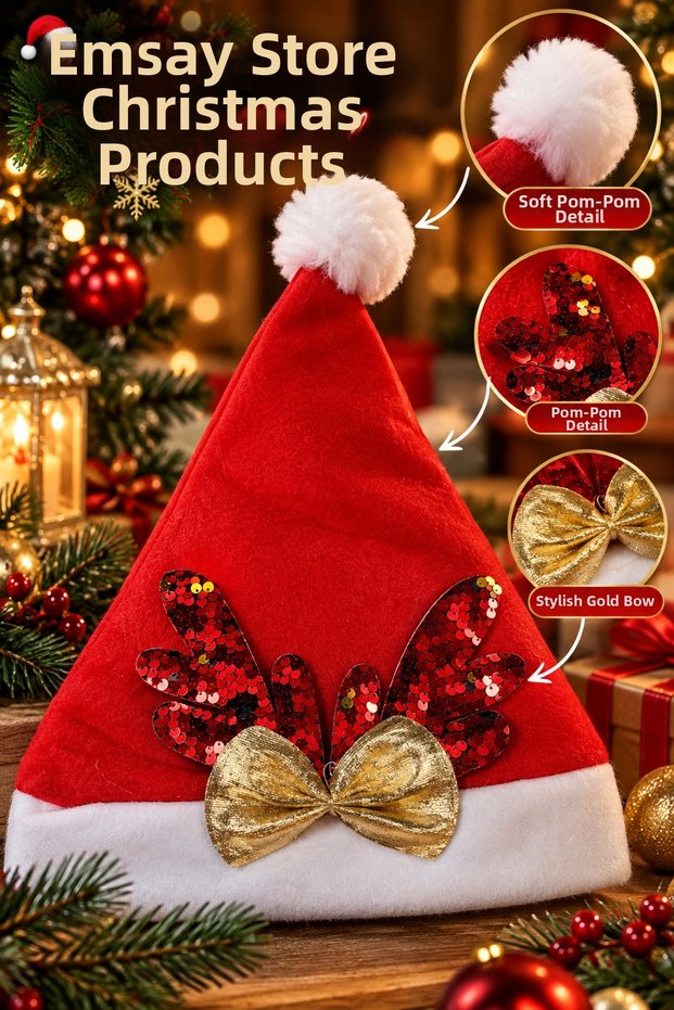 Sequin Deer Christmas Hat – Santa Hat, New Year Hat with Deer Antlers, Glitter Sequins, and Gold Bow