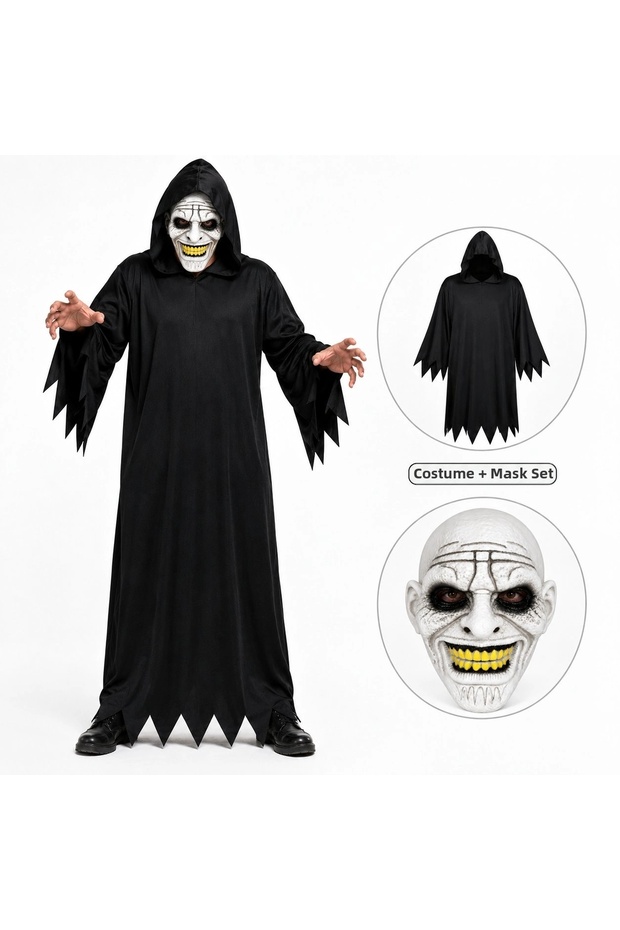 Scary Smiling Masked Black Hooded Costume Set 140 cm (5047)