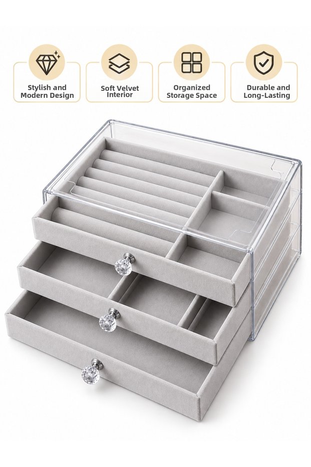 Accessories Storage Box with Velvet Interior - 3 Drawers Transparent Jewelry and Gem Organizer