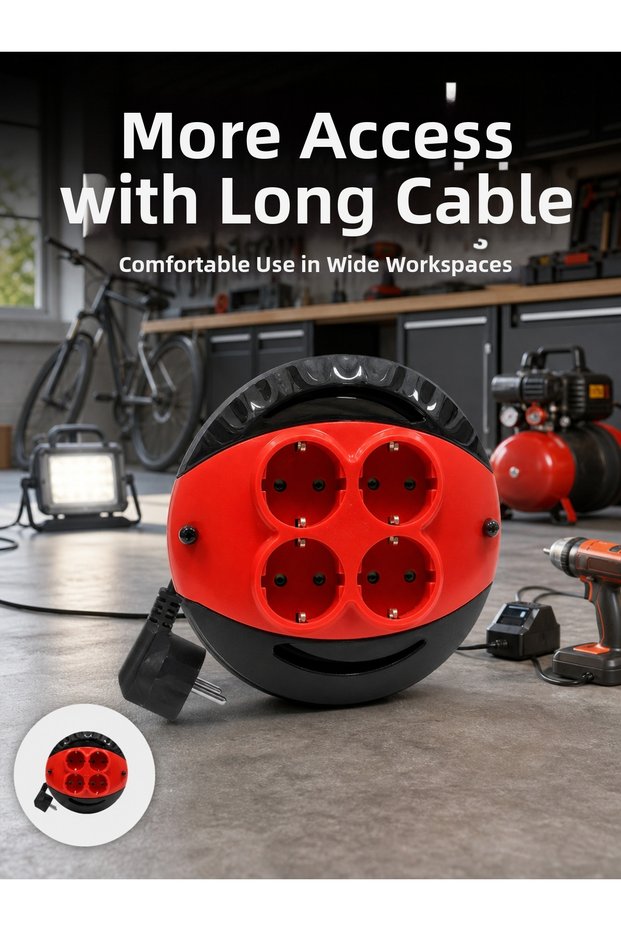 4-Outlet Red Socket Reel with 5 Meter Cable -