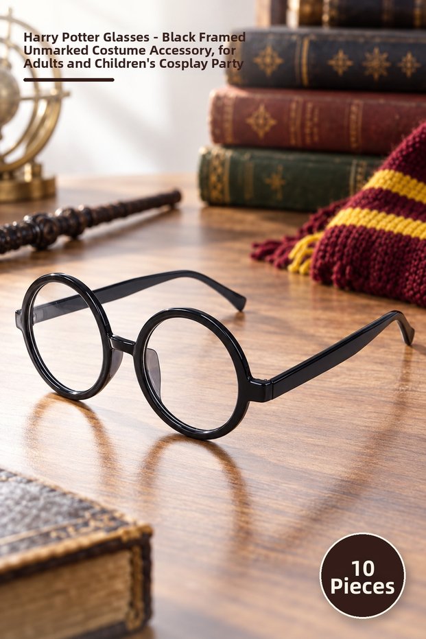 10 Pieces of Harry Potter Glasses – Black Framed Non-Prescription Costume Accessory, Cosplay Party Glasses for Adults and Children